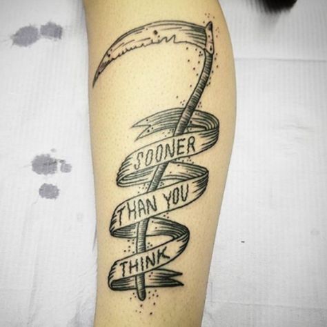 Sooner Than You Think Small Scythe Tattoo, Traditional Scythe Tattoo, Toxic Tattoo Ideas, Small Creepy Tattoos, Scythe Tattoo Design, Simple Creepy Tattoos, Scythe Tattoo, Chaos Tattoo, Think Tattoo