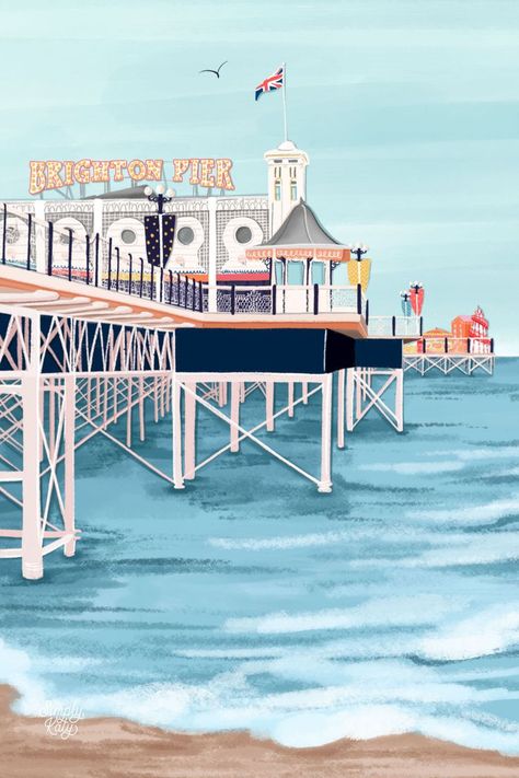 This art print was illustrated by Simply, Katy using her unique illustrative style. This poster would make the perfect gift for someone who loves the nostalgia of travel art. Pier Illustration, Brighton Pier, Travel Illustration, City Landscape, Landscape Pictures, Diy Frame, Paint By Number, Travel Art, Brighton