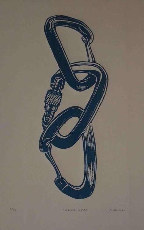 Carabiners Linocut print by QuailLanePress on Etsy Nature Tattoo Ideas, Hellboy Tattoo, Climbing Art, Cool Nature, Tenda Camping, Nature Tattoo, Linocut Art, Mountain Tattoo, Nature Tattoos