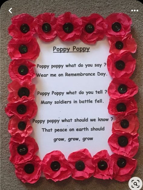 Teaching Kids About Remembrance Day, Remembrance Day Poem Kindergarten, Poppy Display School, Remembrance Day Board Ideas, Remembrance Display School, Remembrance Sunday Crafts, Remembrance Day Poems For Kids, Preschool Remembrance Day Crafts, Anzac Day Activities For Toddlers