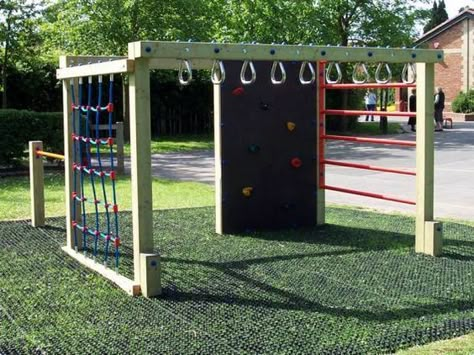 Play structure for older kids (into to backyard ninja warrior). #playgroundbackyard Backyard Fun For Kids, Backyard Playground Ideas, Play Structures For Kids, Ninja Course, Backyard Obstacle Course, Outdoor Kids Play Area, Backyard Gym, Ninja Warrior Course, Kids Backyard Playground