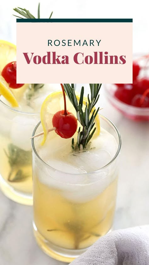 This Rosemary Collins Recipe is a twist on the traditional vodka collins, just in time for those holiday parties! Complete with a rosemary simple syrup and fresh lemon juice, this is the perfect refreshing cocktail even in the winter months. Cocktail Recipes With Rosemary, Cocktail With Rosemary Simple Syrup, Lemon Rosemary Cocktail, Drinks With Rosemary Simple Syrup, Rosemary Simple Syrup Recipe Cocktails, Rosemary Vodka Cocktail, Rosemary Simple Syrup Cocktail, Tom Collins Recipe Vodka, Cocktails With Simple Syrup