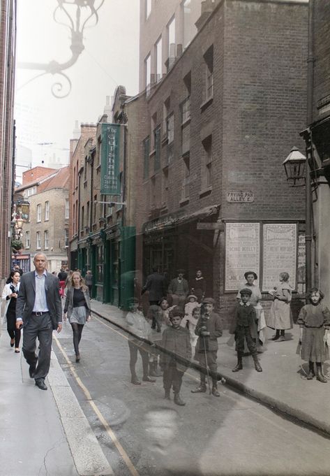 Magical image merging two photos from the same Spitalfield streets in London from two eras. #london #history Creativity Photography, Historical London, Freelance Design, East End London, Another Magazine, Victorian London, Annual Reports, London History, Web Banners