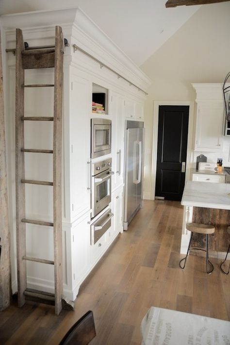 LVZ Design Farmhouse Pantry Cabinets, Kitchen Ladder, Tall Kitchen Cabinets, Floor To Ceiling Cabinets, Farmhouse Pantry, Library Ladder, Transitional Kitchen, Upper Cabinets, Apartment Kitchen