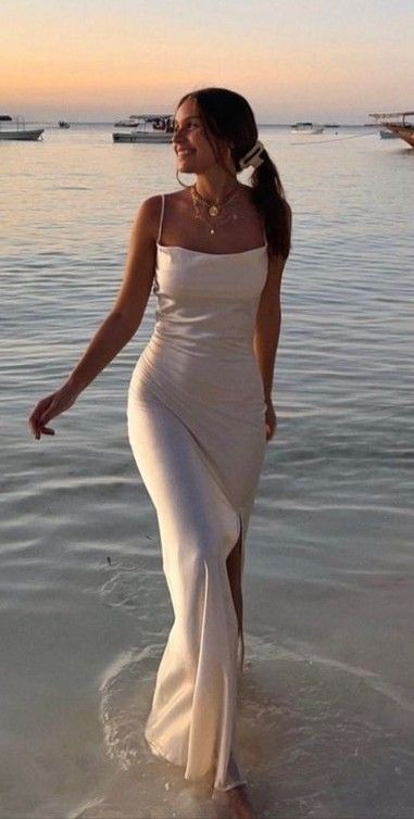 Formal Beach Dress, Aina Simon, Men's Capsule Wardrobe, Satin Sleeves, Summer Picture Poses, Vacation Aesthetic, Grad Photoshoot, Birthday Shoot, Satin Evening Dresses