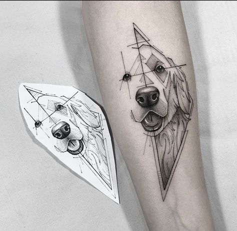 Geometric Pet Tattoo, Dog Tattoo Geometric, Geometric Golden Retriever, Dog Tattoo On Thigh, Dog Leg Tattoo, Dog Sketch Tattoo, Dog Face Tattoo, Dog Inspired Tattoos, Labrador Tattoo