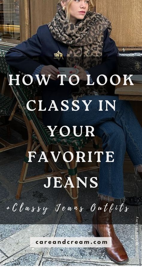 Unlock the secrets to how to look classy in jeans through our blog post. From elegant jeans outfit classy examples to chic style inspirations, we have it all! Perfect for jeans outfit women who want a trendy makeover. Learn how to style jeans for a polished and stylish look. Reinvent jeans dressed up into elegant outfits with jeans - infusing style, elegance, and femininity. Achieve a stylish, cute appearance with our step-by-step guide. Denim Business Casual Outfits, Winter Jeans Outfit Work, Women Denim Outfits Fashion Ideas, Saturday Afternoon Outfit Casual, Bootcut Jeans Office Outfit, Elegant Jeans Outfit Classy Chic, Office Denim Work Outfits, Shirts With Jeans Women, Flare Jeans With Blazer Outfit