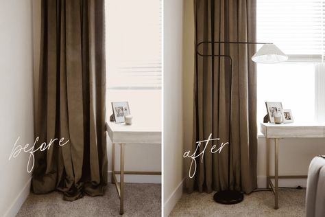 Curtains On Floor, Making Curtains Look Expensive, How Long Curtains Should Be, How To Make Curtains Look Fuller, Curtains No Blinds, Expensive Looking Curtains, Velvet Living Room Curtains, Dark Living Room Curtains, Floor To Ceiling Curtains Small Window