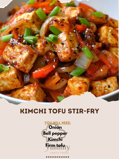 🌿 "Try Kimchi Tofu Stir-Fry for a savory, spicy dish that's both hearty and satisfying. Perfect for any meal!" 🌿🍲 #KimchiTofu #StirFryDelight Kimchi Tofu Stir-Fry Ingredients: Firm tofu (1 block, cubed) Kimchi (1 cup, chopped) Bell pepper (1, sliced) Onion (1/2 cup, sliced) Soy sauce (2 tbsp) Sesame oil (1 tbsp) Garlic (2 cloves, minced) Green onions (for garnish) Instructions: Heat sesame oil in a pan over medium heat. Add garlic, then tofu, and cook until tofu is golden. Stir in kimchi,... Kimchi Tofu Stir Fry, Tofu Kimchi, Stir Fry Ingredients, Sliced Onion, Asian Meals, Tofu Stir Fry, Firm Tofu, Spicy Dishes, Fried Tofu