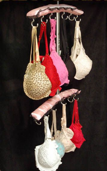 DIY Bra Tree : you can purchase this one or make your own using teacup hooks + a wooden hanger wrapped in ribbon. Bra Holder, Diy Hanger, Bra Organization, Bra Storage, Hanger Ideas, Diy Bra, Smart Organization, Smart Tiles, Hanger Diy