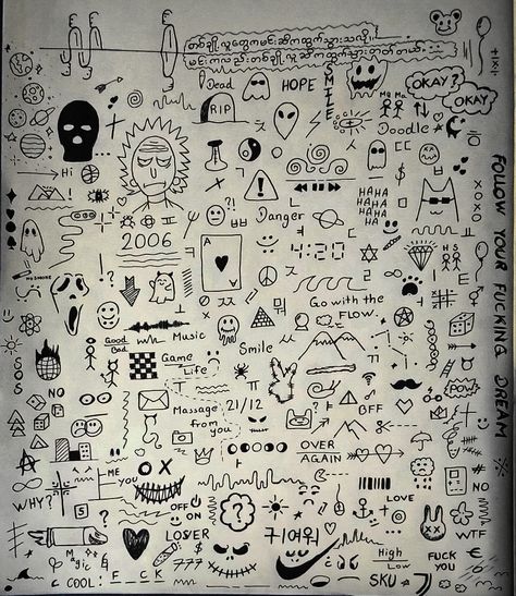 Easy drawings Doodle Collage Drawings, Weirdcore Doodles, Sketch Notes Doodles, Easy Graffiti, Easy Graffiti Drawings, Traditional Tattoo Designs, Notebook Sketches, Small Doodle, Notebook Drawing