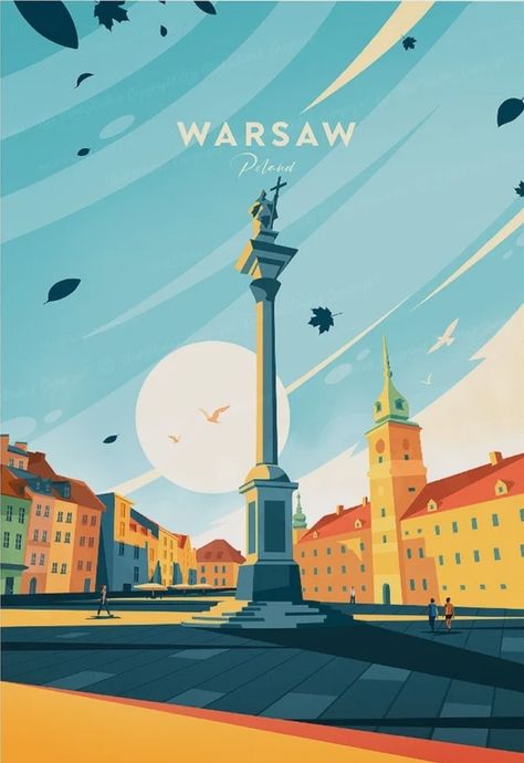 Poland Poster, Poland Warsaw, Wanderlust Decor, Sticker Design Inspiration, Travel Artwork, Poster City, Retro Travel Poster, City Poster, Canvas Painting Designs