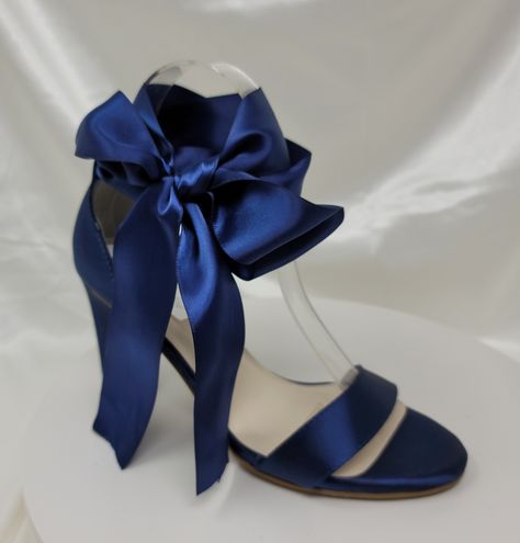 "Amazing Navy Blue Block heel Bridal Shoes with a satin bow design. You will receive the original ankle straps plus matching ribbon to wrap around your ankle to form a bow. These chunky heels have been dyed Fino Cobalt, but is available in white, ivory and Sapphire Blue. Perfect shoes for you or your bridesmaids. The listing picture shows a comfortable heel approximately 3 inches with an ankle strap. If you are picking a chart color or designer color, please put the color you would like in the p Blue Chunky Heels, Quince Heels, Block Heel Bridal Shoes, Dark Blue Heels, Wedding Shoes Blue, Blue Block Heels, Blue Bridal Shoes, Navy Blue Heels, Blue Quince