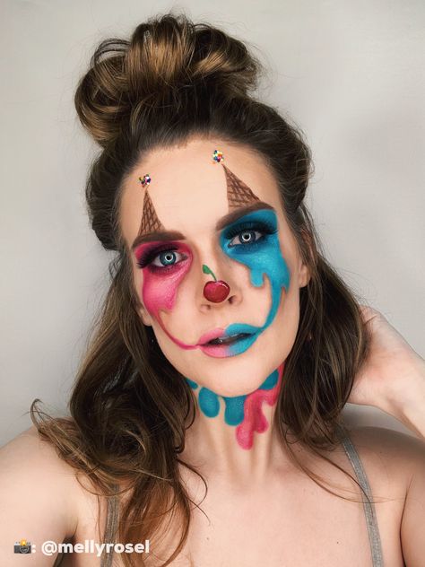 Ice Cream Clown Makeup, Ice Cream Makeup Looks, Ice Cream Clown, Clown Princess, Melted Ice Cream, Xmas Makeup, Sweet Makeup, Rose Makeup, Halloween Makeup Pretty