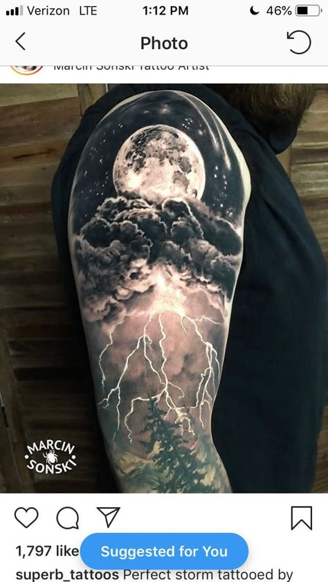 Pin by Lieza Carroll on tats | Nature tattoo sleeve, Arm sleeve tattoos, Storm tattoo Realistic Landscape Tattoo, Sky Theme Tattoo, Moon Tattoo Upper Arm, Dark Tattoo Cover Up Ideas, Dark Theme Tattoos, Nature Themed Sleeve Tattoo, Nature Themed Tattoos, Night Sky Tattoo, Om Tattoos