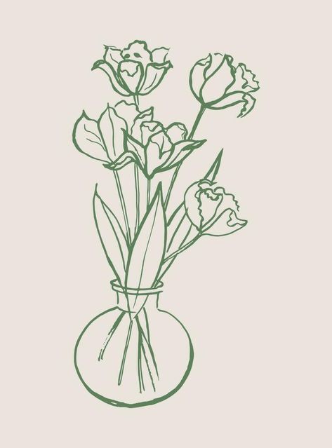 Flowers. Still life with tulips in a glass vase. Line art. Hand drawn in ink a freestyle. Artistic illustration. For poster, card, greetings, birthday, flower shop, print, template, background. Vector Flower Vase Drawing, Template Background, Hand Doodles, Flower Line Drawings, Card Greetings, Tulips In Vase, Birthday Flower, Art Hand, Doodle Drawings