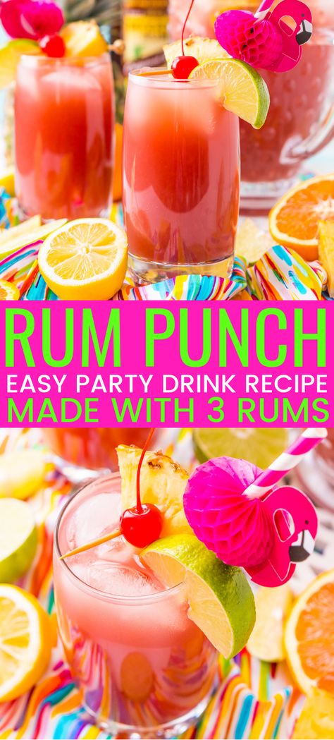 Rum Punch combines orange, pineapple, lime, and lemon juice with ginger ale and three different kinds of rum for a delicious large batch Caribbean inspired cocktail for summer parties! Juice With Ginger, Easy Party Drinks, Lime And Lemon, Rum Punch Recipes, Mezcal Cocktails, Alcoholic Punch, Batch Cocktails, Party Drinks Alcohol, Punch Drinks