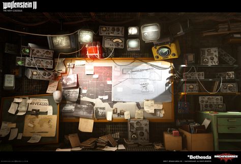 ArtStation - Wolfenstein 2: Conspiracy Room, Dan Mihaila Wolfenstein 2, The New Colossus, Detective Aesthetic, Sci Fi Props, My Dearest, The Cave, Environment Design, Environment Concept Art, Environmental Art