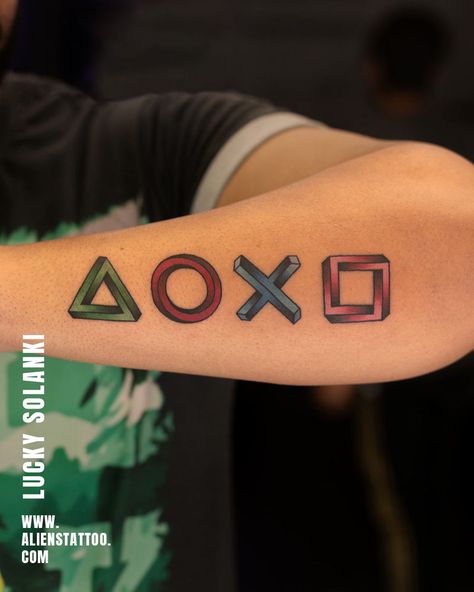 Most Unique Tattoos, Controller Tattoo, Playstation Tattoo, Watercolour Tattoo Men, Aliens Tattoo, Hidden Emotions, Button Tattoo, Wedding Anniversary Gift Ideas, Gamer Tattoos