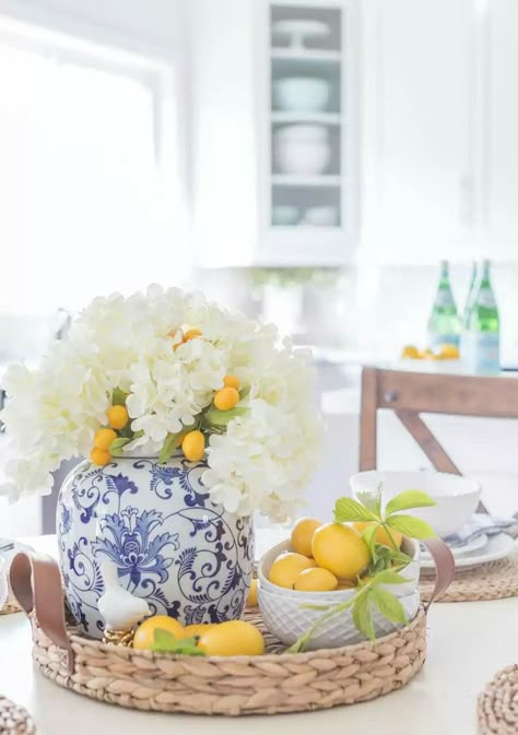 Summer Farmhouse Decor, Summer Table Decorations, Summer Tablescapes, Summer Centerpieces, Lemon Kitchen, Blue White Decor, Blue And White Vase, Yellow Decor, Lemon Decor