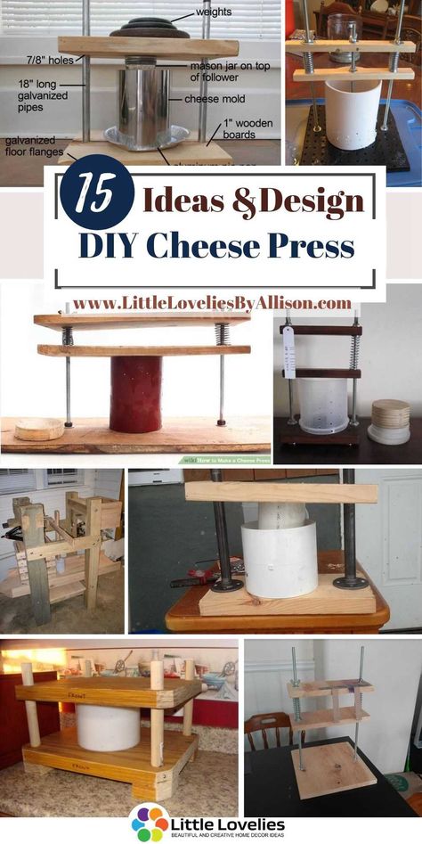 Pressing is an important part of the hard cheese-making process, it goes a long way to determine the hardness, texture, and shape of the block or wheel of cheese. It is thus safe to say that a cheese press is a device of great value for anyone involved in or planning to get involved in cheese making. A perfect cheese press should be able to successfully expel whatever moisture (whey) #cheesepress Diy Cheese Press, Cheese Making Process, Cheese Press, Cheese Recipes Homemade, Cheese Making Recipes, Dutch Cheese, Diy Cheese, Cheese Mold, Fruit Press