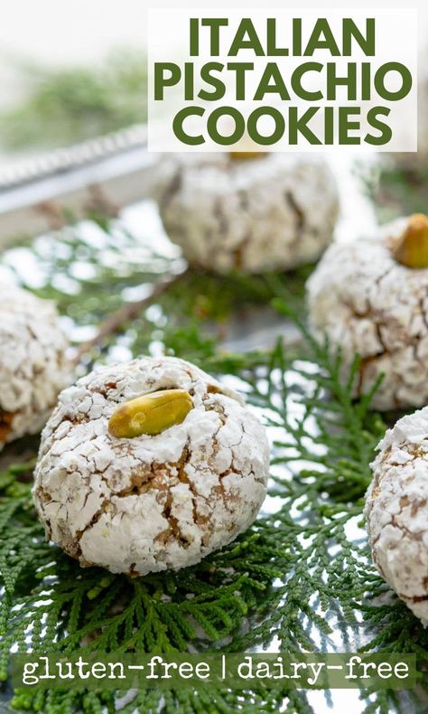 Gluten Free Pignoli Cookies, Pistachio Crinkle Cookies, Chewy Pistachio Cookies, Gluten Free Italian Cookie Recipes, Vegan Italian Cookies, Lemon Pistachio Cookies, Gluten Free Pistachio Cookies, Riccota Cookies Italian, Pistachio Christmas Cookies