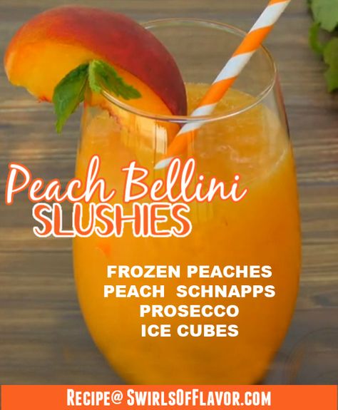 Moore or Less Cooking Group | Frozen peaches, Peach Schnapps and Prosecco whirl up into a fabulously delicious Peach Bellini Slushy Adult Slushies Frozen Drinks, Adult Slushies, Frozen Peach Bellini, Frozen Peaches, Peach Bellini, Peach Schnapps, Alcohol Drink Recipes, Frozen Drinks, Smoothie Shakes