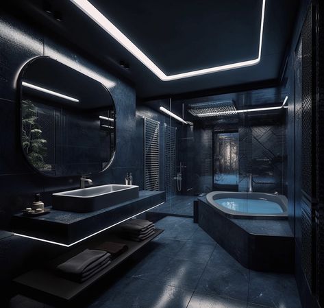 Black Jacuzzi, Dark Luxury Bathroom, Futuristic Bathroom Design, Black Luxury House, Dark Modern Bathroom, Mafia House Aesthetic, Dark Modern House, Drømme Bad, Black Bedroom Decor