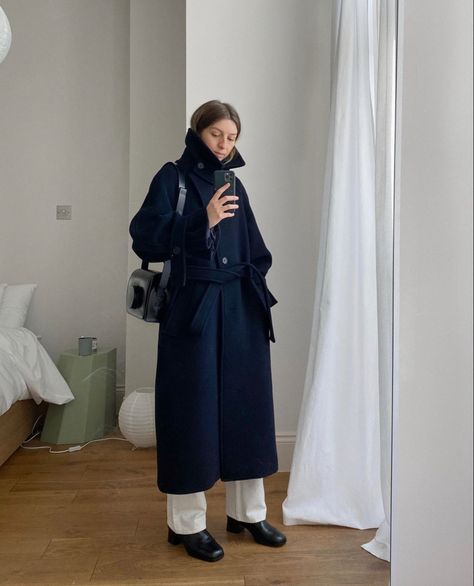 Navy Coat Outfit, Brittany Bathgate, Long Coat Outfit, Winter Coat Outfits, February 1st, Daily Fashion Inspiration, Navy Coat, Coat Outfit, In Between