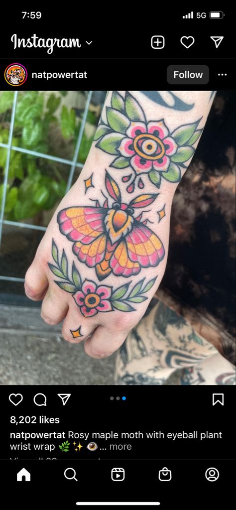 Pink And Yellow Moth Tattoo, Rosie Maple Moth Tattoo, Rosey Maple Moth Tattoos, Kitschy Tattoo, Maple Moth Tattoo, Rosy Maple Moth Tattoo, Moth Tattoos, Anatomical Tattoos, Maple Moth