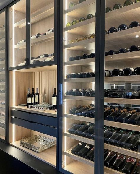 Basement Wine Room Ideas, Indoor Wine Cellar, Modern Wine Cellar Wall, Wine Cellar Design Luxury, Home Wine Cellars Modern, Modern Wine Storage Wall, Wine Bar Ideas Home Modern, Wine Room Ideas In House, Modern Wine Room