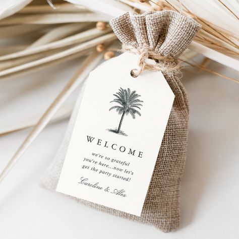 Havana Palm Wedding Welcome Gift Tags Tropical Wedding Welcome Bags, Welcome Gift Bags Wedding, Tropical Wedding Favors, Wedding Bag Tags, Wedding Welcome Bag Ideas, Wedding Welcome Baskets, Destination Wedding Bags, Welcome Bag Tags, Tropical Wedding Favor