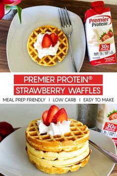 Protein Drink Recipes, Mini Waffle Maker, Ideal Protein Recipes, Waffle Maker Recipes, Bariatric Friendly Recipes, Strawberry Protein, Low Calorie Breakfast, Strawberry Waffles, Protein Waffles