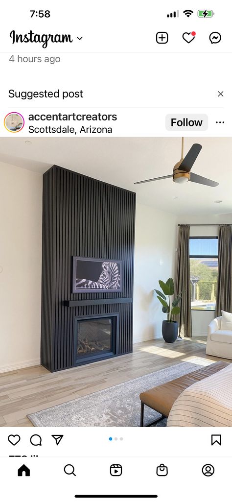 Black Fluted Fireplace Wall, Black Wood Slat Fireplace, Slatted Wall Fireplace, Fireplace Wood Paneling Wall, Black Wood Slat Fireplace Wall, Black Wood Panel Fireplace Wall, Black Panel Fireplace Wall, Tambour Fireplace Wall, Slated Wall Fireplace