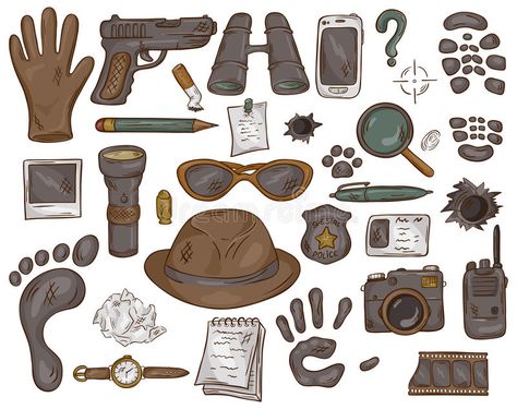 Vector hand drawn set of illustration with detective tools and evidence.  stock illustration Detective Tools, Outfit Ideas Drawing, Retro Room Ideas, Detective Party, Detective Theme, Project Blue Book, Law School Inspiration, Detective Aesthetic, Sketch Inspiration