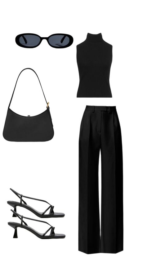 This sleek, all-black ensemble is perfect for an effortlessly chic look. A fitted black sleeveless top is paired with high-waisted, wide-leg trousers for a modern, sophisticated silhouette. Strappy black heeled sandals add a feminine touch, while the minimalist black handbag and trendy oval sunglasses complete the polished vibe. Ideal for a night out or a stylish day event, this outfit is a go-to for minimalist fashion lovers. Black Wide Leg Trousers Outfit, Wide Leg Trousers Outfit, Black Heeled Sandals, Bar Outfits, Easy Winter Outfit, Black Sleeveless Top, Black Handbag, Spring Outfits Women, Oval Sunglasses