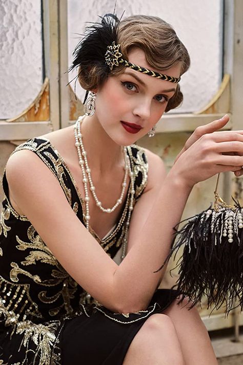 BABEYOND 1920s Stirnband Feder Damen 20er Jahre Stil Flapper Showgirl Charleston Haarband Great Gatsby Damen Fasching Kostüm Accessoires (1-Schwarz Gold) : Amazon.de: Spielzeug Gatsby Party Headband, 20s Headpiece, Fitted Flapper Style Headband, 1920s Headband Evening, Gatsby Style Feather Headband, 20s Headband, 20’s Fashion, 20s Hair, Joanna Newsom