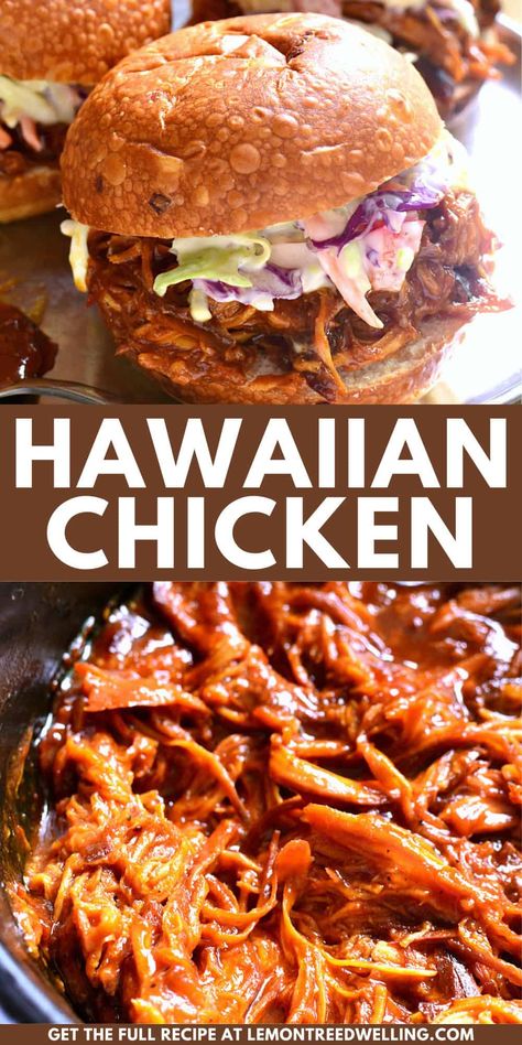 Slow Cooker Hawaiian Chicken is smoky, sweet, and slow cooked to perfection. It's perfect for parties or game days, and especially delicious topped with our creamy Hawaiian Coleslaw! Pulled Hawaiian Chicken Crock Pot, What To Cook At The Beach, Easy Beach Day Meals, Dinner Ideas Summer Easy, Crock Pot Beach Meals, Hawaiian Luau Party Food Dinners, Easy Summer Crock Pot Meals, Outdoor Dinner Recipes, Bbq Main Dish Ideas