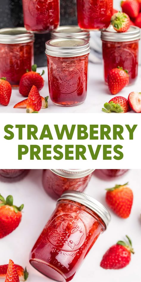 This strawberry preserves recipe is a new tradition. It's the homemade touch your breakfast table needs! Strawberry Preserves Recipe Canning, Strawberry Preserves Canning, Strawberry Preserves Recipe With Pectin, Strawberry Preserves Recipe, Canned Jam, Canning Guide, Pickled Recipes, Homemade Preserves, Canned Strawberries