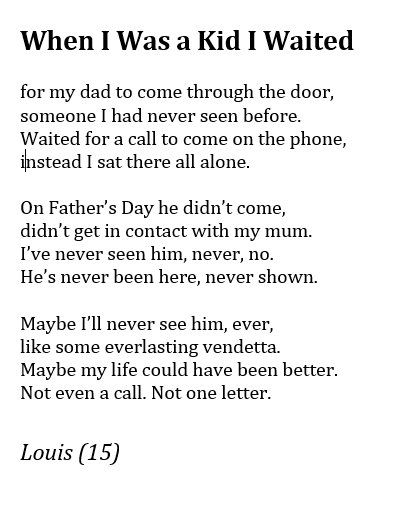 Kate Clanchy on Twitter: "The kids always write the best poems after they've stopped listening to me. For example, I usually tell them to avoid rhyming couplets, because they govern the poem and tend to be comic - but this has heavy rhyme, and it's heartbreaking.… https://t.co/p1dX5LQxVw" Rhyming Couplet, Best Poems, The Poem, All Alone, Wait For Me, Beautiful Words, The Kids, Good Times, Writing