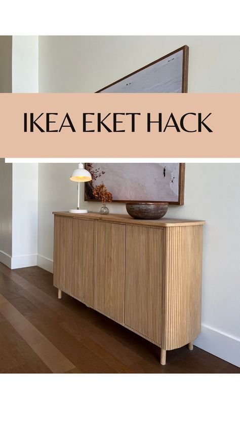 IKEA Eket console cabinet hack using pole wrap!  I needed a large console cabinet for my entryway to store everyday family and school items.  Here is how I DIYed this entryway console cabinet! Ikea Mid Century Modern, Ikea Eket Hack, Tv Cabinet Diy, Ikea Tv Console, Diy Credenza, Sideboard Diy, Ikea Sideboard, Modern Media Cabinets, Ikea Eket