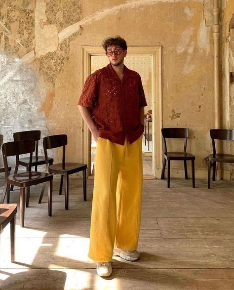 Mexican Summer Outfits Men, Formalwear Aesthetic Men, Paris Men’s Fashion, Yellow Dress Pants Outfit, Cute Summer Travel Outfits, Colourful Outfits Men, Yellow Outfit Men, Birthday Outfit Men, Androgynous Formal Wear