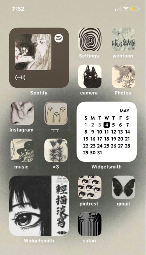 Iphone Layout Beige, Anime Iphone Theme, Alt Phone Layout, Anime Iphone Layout, Brown Iphone Layout, Phone Layout Ideas Dark, Dark Iphone Layout, Phone Theme Ideas Dark, Phone Themes Dark