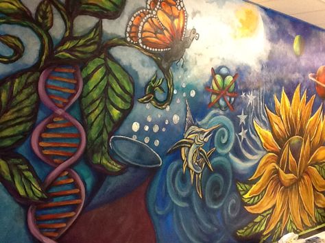 A science and nature school mural I painted.  #glassbeads #sunflowers #decorativefoils #sun #moon #planets #murals #science #nature Biology Mural, Science Mural, Art Competition Ideas, Biology Classroom, Steam Science, Nature School, School Murals, Mural Ideas, Garden Area