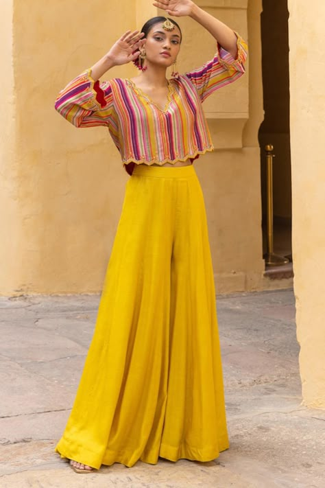 Buy Yellow Blouse And Pant Crepe Printed Floral Jacket Open & Flared Set For Women by Paulmi and Harsh Online at Aza Fashions. Sharara Pants With Crop Top, Striped Mirror, Top And Sharara Set, Draped Skirt, Sharara Set, Yellow Blouse, Floral Jacket, Kurta With Pants, Print Crop Tops