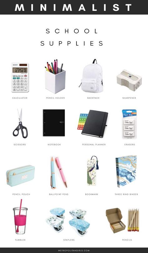 Minimalist School Supplies for College and High School. School essential packing list for girls and boys. Minimalist School Supplies, School Supplies For College, Supplies For College, Schul Survival Kits, High School Supplies, Middle School Supplies, Studie Hacks, School Shopping List, 1000 Lifehacks