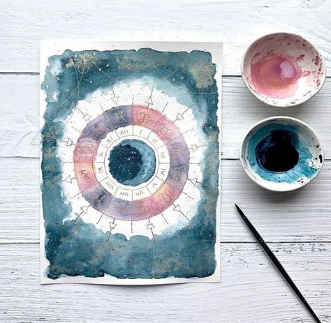 Astrology Wheel, Illustration Sketchbook, Watercolor Galaxy, Watercolor Paintings For Beginners, Astrology Art, Spirited Art, Celestial Art, Galaxy Art, Witch Art