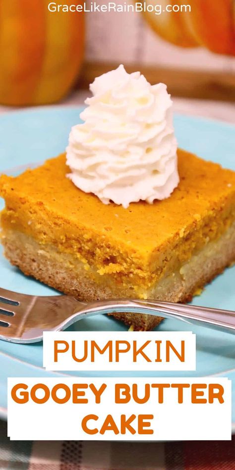 Paula Deen's Pumpkin Gooey Butter Cake Bars Recipe - Grace Like Rain Blog Paula Deen Pumpkin Bars, Pumpkin Butter Cake, Pumpkin Gooey Butter Cake, Butter Cake Bars, Ooey Gooey Cake, Ooey Gooey Butter Cake, Cake Bars Recipe, Cake Pumpkin, Gooey Cake