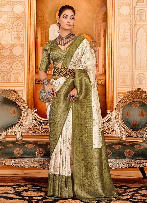 #wovenworksaree #ceremonialsaree #silkfabricsaree #greencoloursaree Saree Party Wear, Grayish Green, Saree Floral, Purple Saree, Party Wear Saree, Indian Bridal Wear, Indian Lehenga, Wedding Saree Indian, Designer Sarees Online