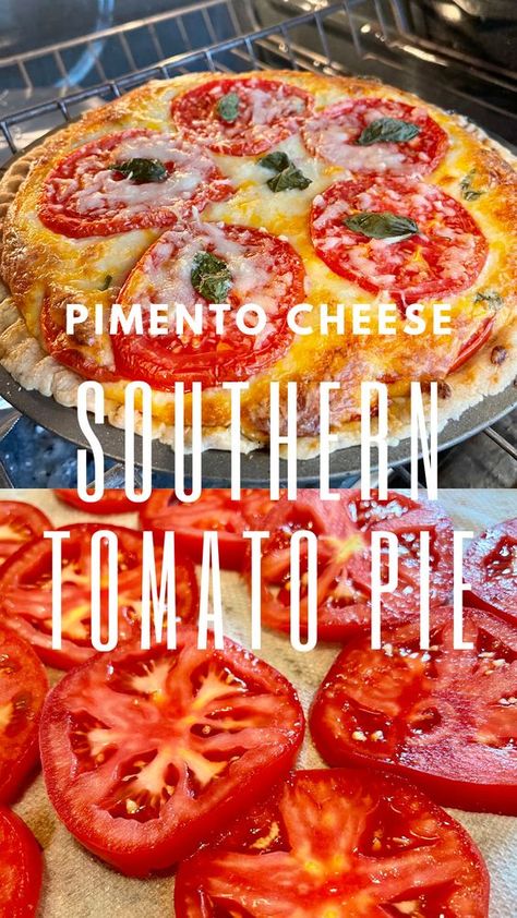 Southern tomato pie combines favorites like tomatoes, basil, mayo, cheese, pimento, and cream cheese. Tomato And Corn Pie, Alabama Tomato Pie Recipe, Tomato Basil Pie, Pie Savory, Basil Mayo, Luncheon Recipes, Corn Pie, Southern Tomato Pie, Tomato Quiche